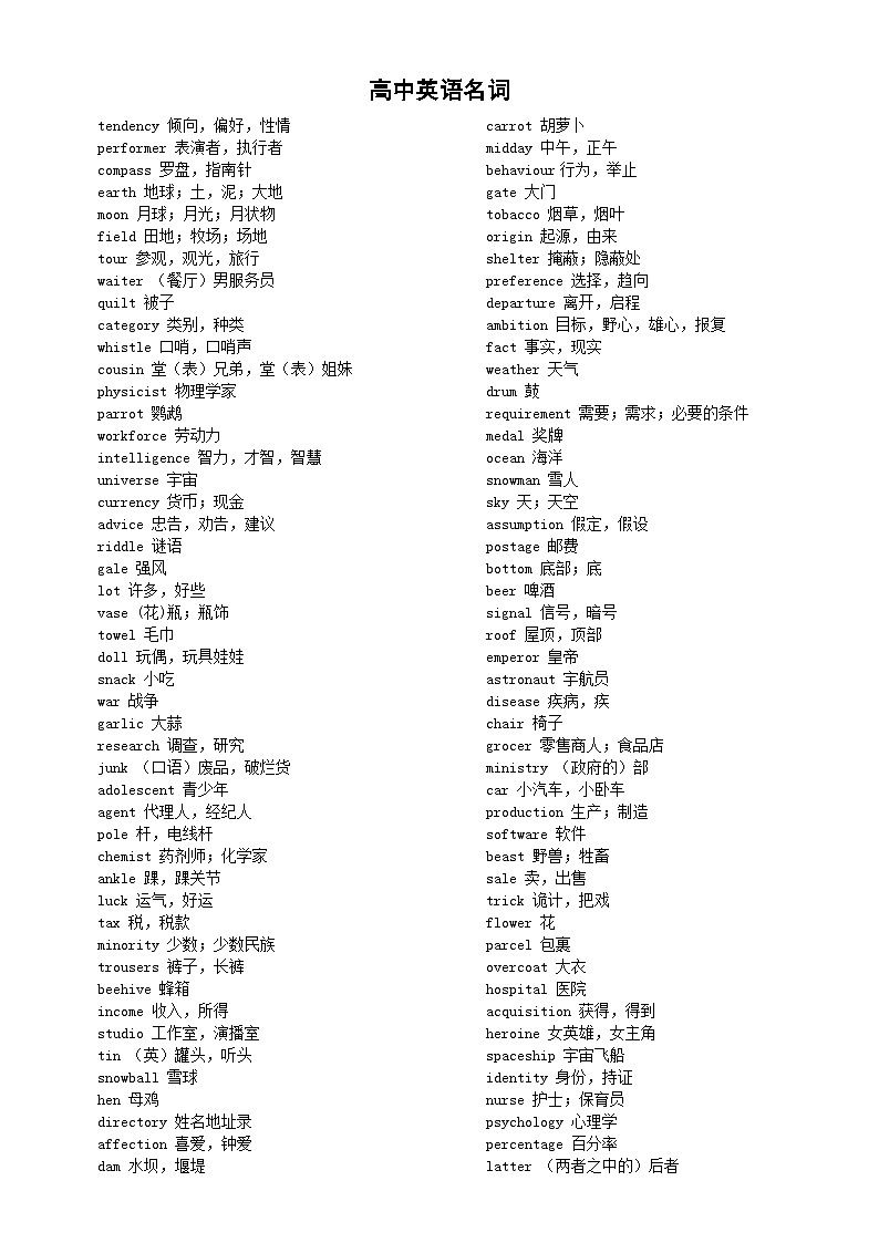 高中英语2024届高考复习名词汇总第1页