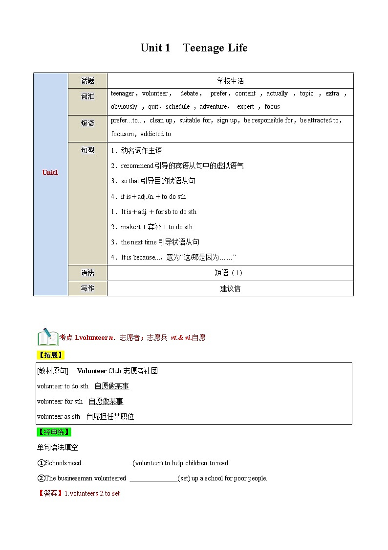 【期中知识点归纳】 (人教版2019)2023-2024学年高一上册英语 必修1 Unit 1 Teenage Life 讲义(解析版)第1页