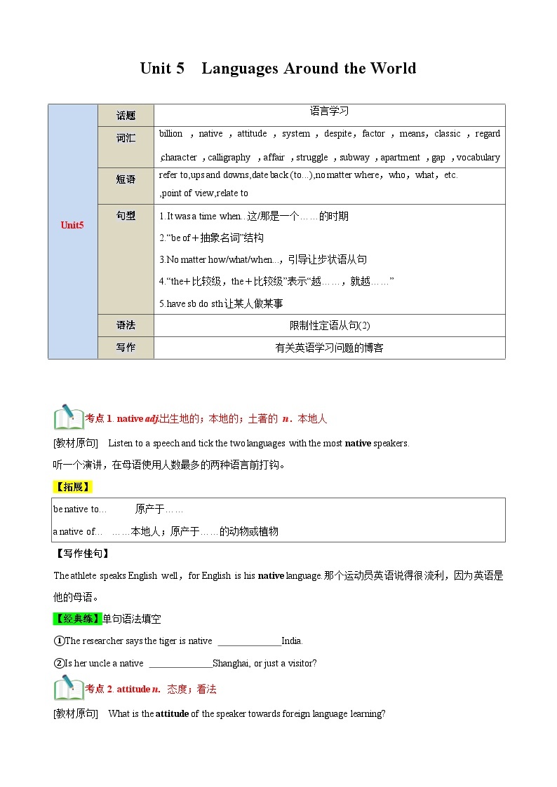 【期中知识点归纳】 （人教版2019）2023-2024学年高一上册英语 必修1 Unit 5 Languages Around the World  知识点归纳 试卷.zip01