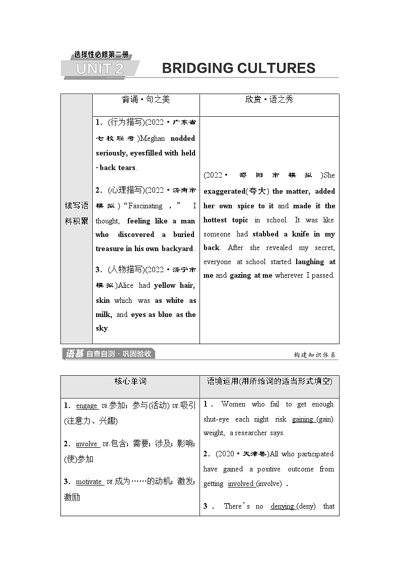 人教版高考英语一轮复习选择性必修第2册UNIT2 BRIDGING CULTURES课时学案第1页