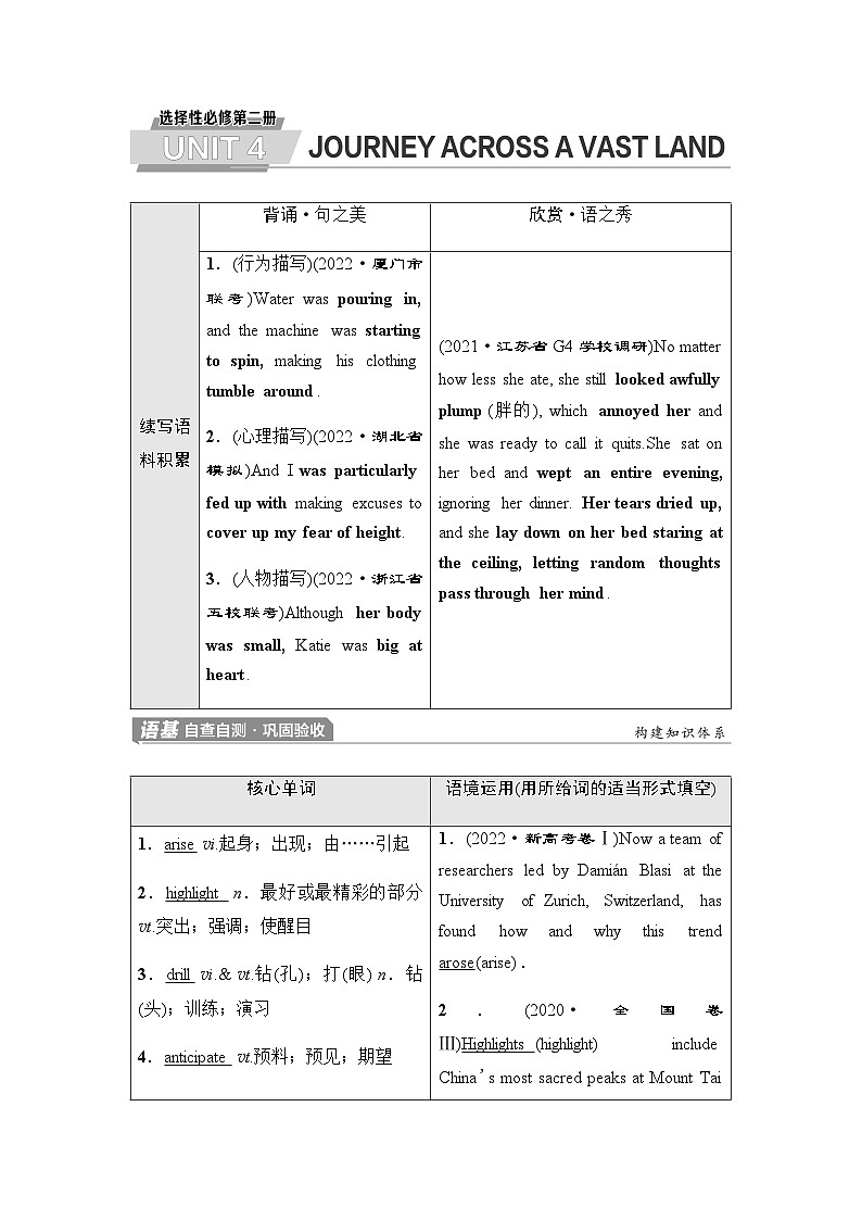 人教版高考英语一轮复习选择性必修第2册UNIT4 JOURNEY ACROSS A VAST LAND课时学案第1页