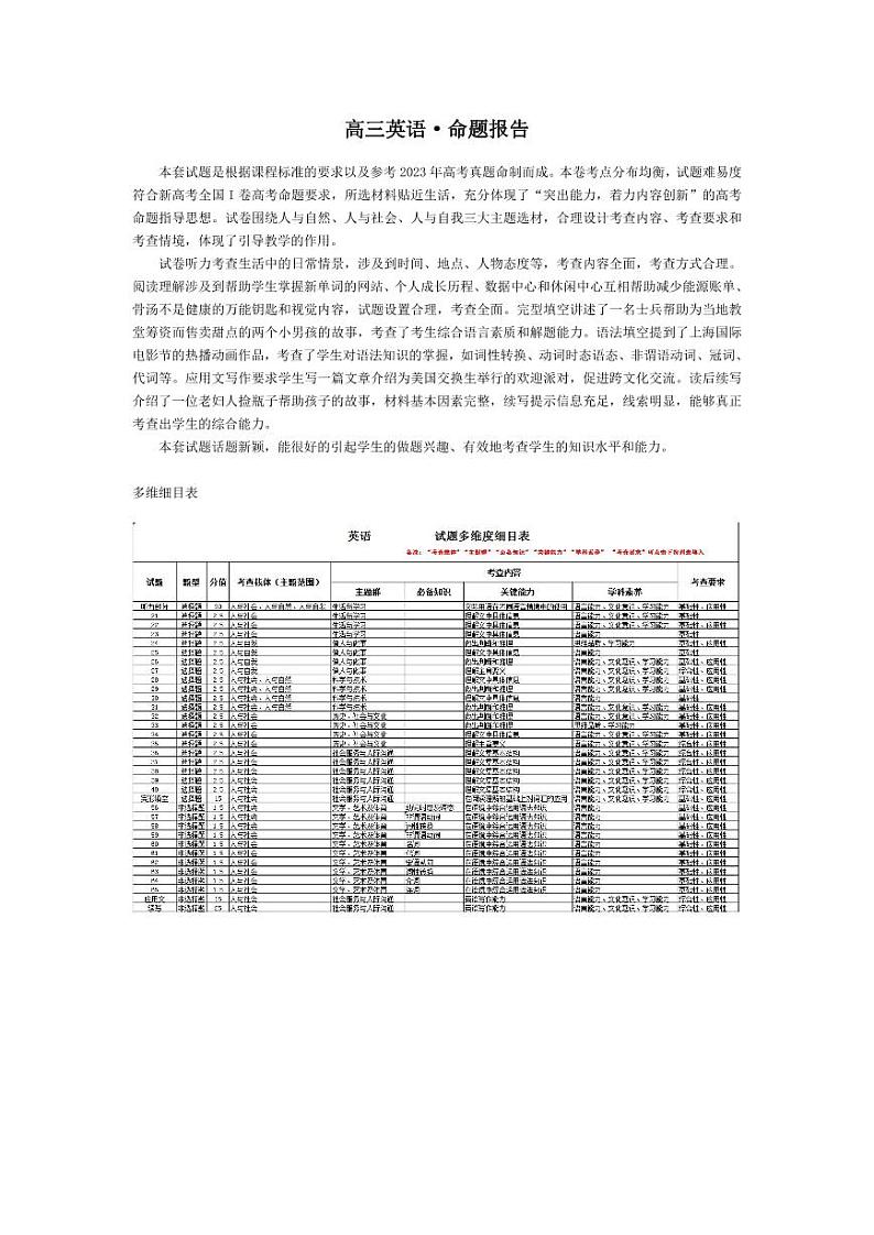 英语-湖南高三三联命题报告第1页