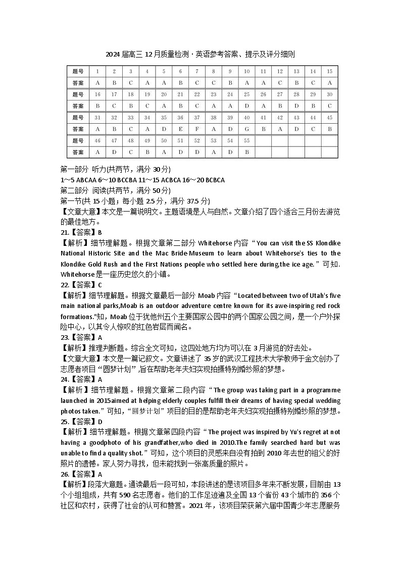 福建省百校联考2023-2024学年高三上学期12月月考英语答案第1页