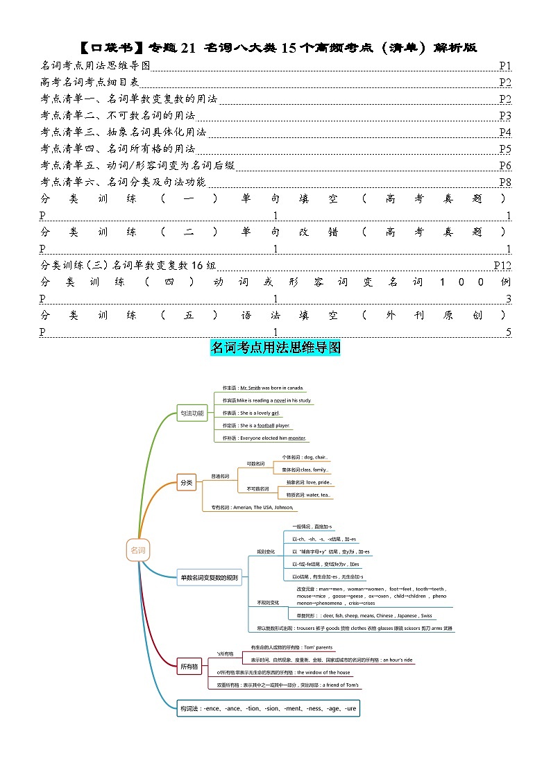 专题21 名词六大类15个高频考点(清单)-备战2024年高考英语一轮复习高效复习(全国通用)01