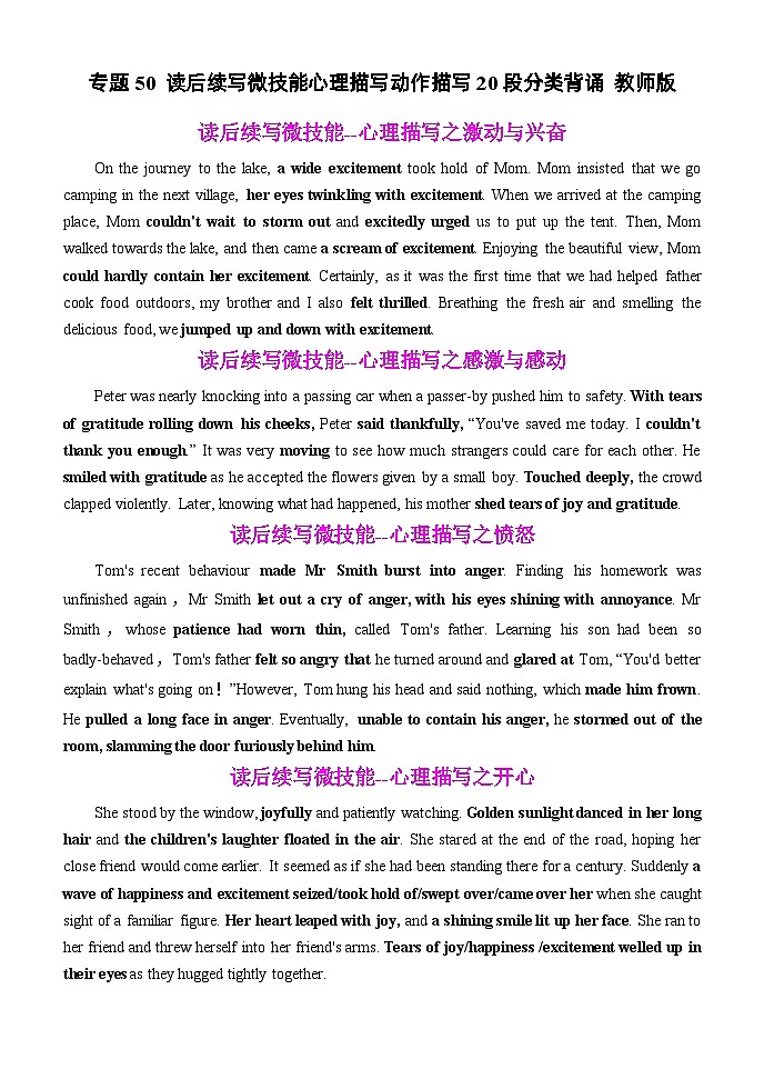 专题50 读后续写微技能心理描写动作描写20段背诵模板-高考英语一轮复习知识清单(全国通用)教师版第1页