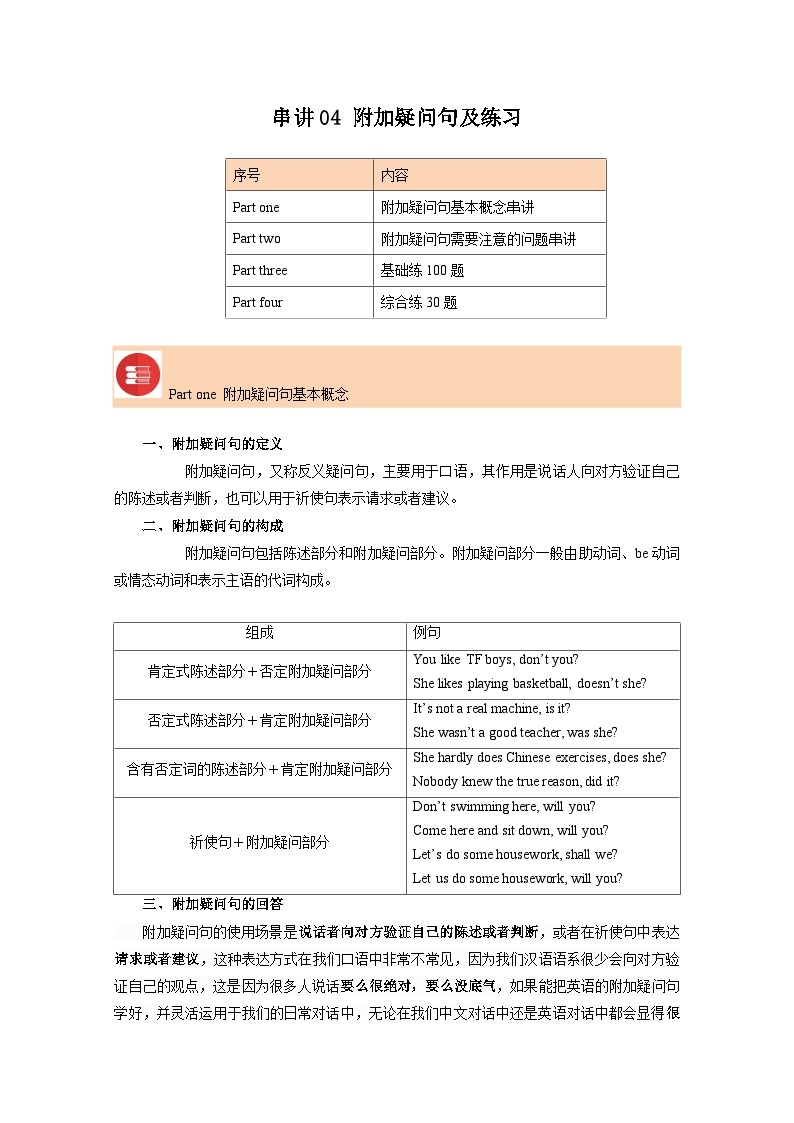 串讲04 附加疑问句及必刷题-2023-2024学年高一英语上学期期末常考题型突破+易错题（苏教版）01