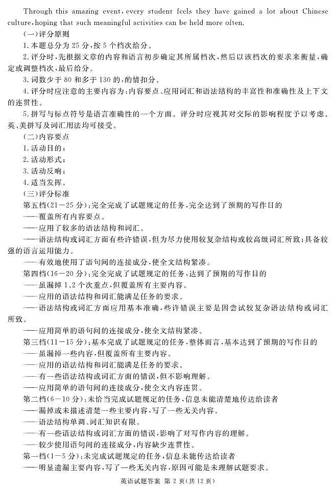 资阳市高中2021级第二次诊断性考试英语参考答案第2页