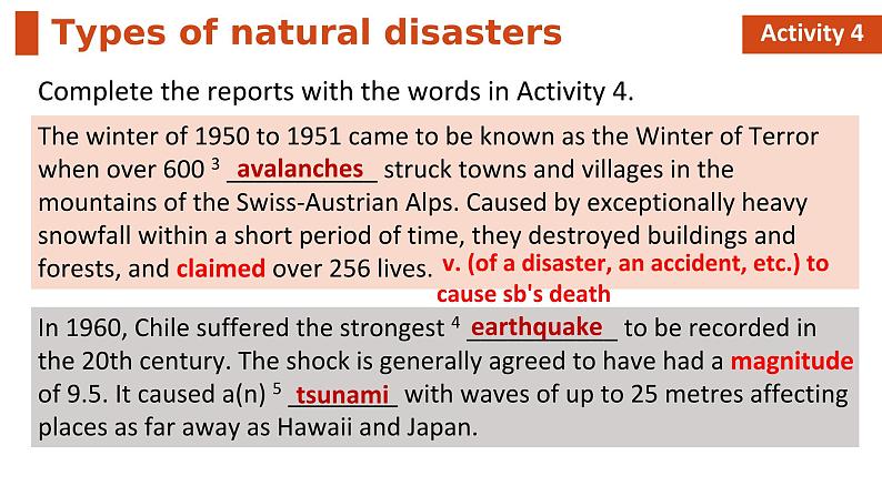 高中外研版英语必修三Unit 6 Disaster and hope -using language listening and vocabulary 课件05
