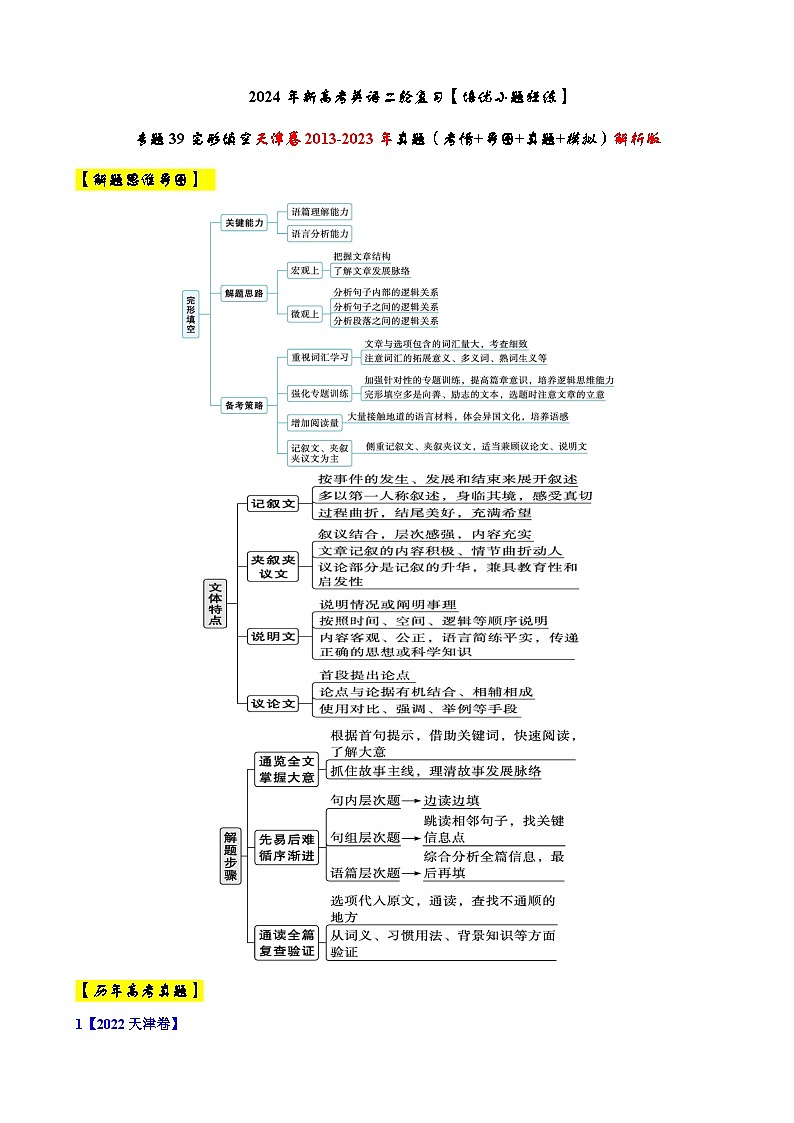 专题39 【培优小题狂练】完形填空天津卷2013-2023年真题(考情+导图+真题+模拟)-2024年新高考英语二轮复习 解析版第1页