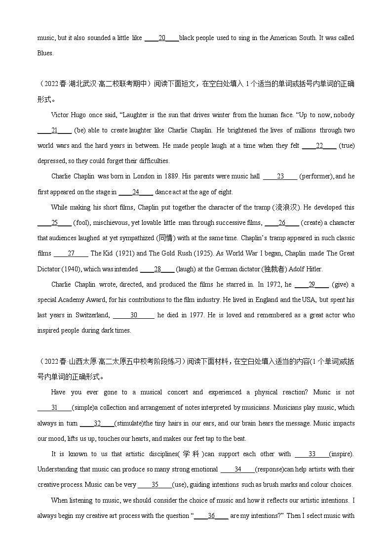 人教版2019高二英语选择性必修第三册Unit 1 Art单元话题语法填空练习单元重难点易错题精练02