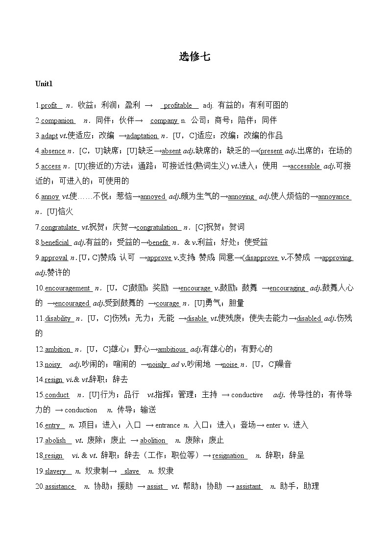 专题07 人教版高中英语选修7重点词词性转换-备战2024年高考英语之词性转换必修1至选修8词汇梳理01