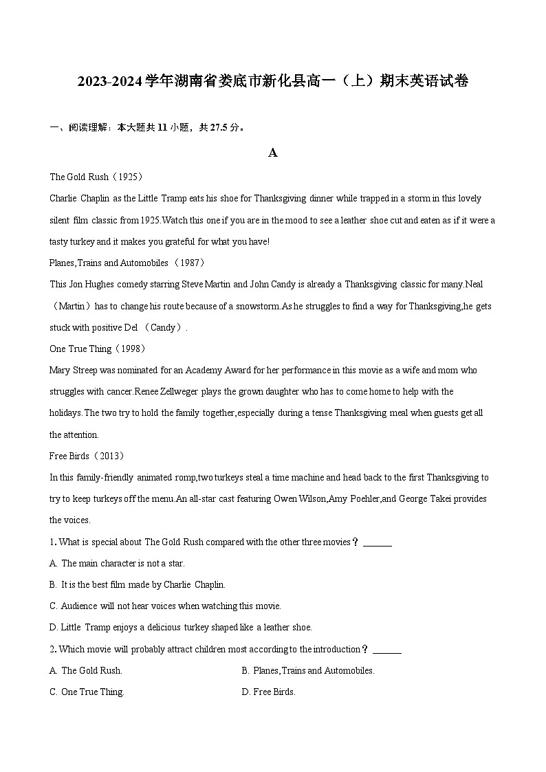 2023-2024学年湖南省娄底市新化县高一(上)期末英语试卷(含解析)第1页