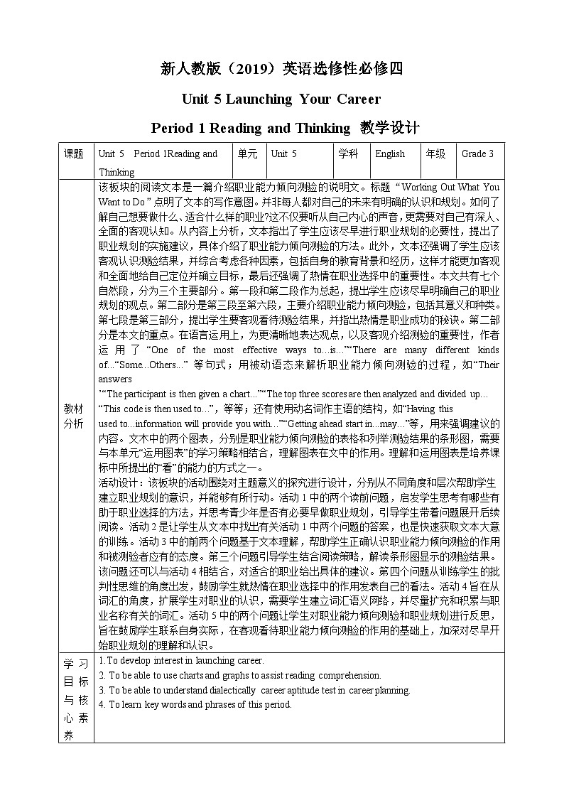 Unit 5 Launching your career period 1 Reading and Thinking教案01