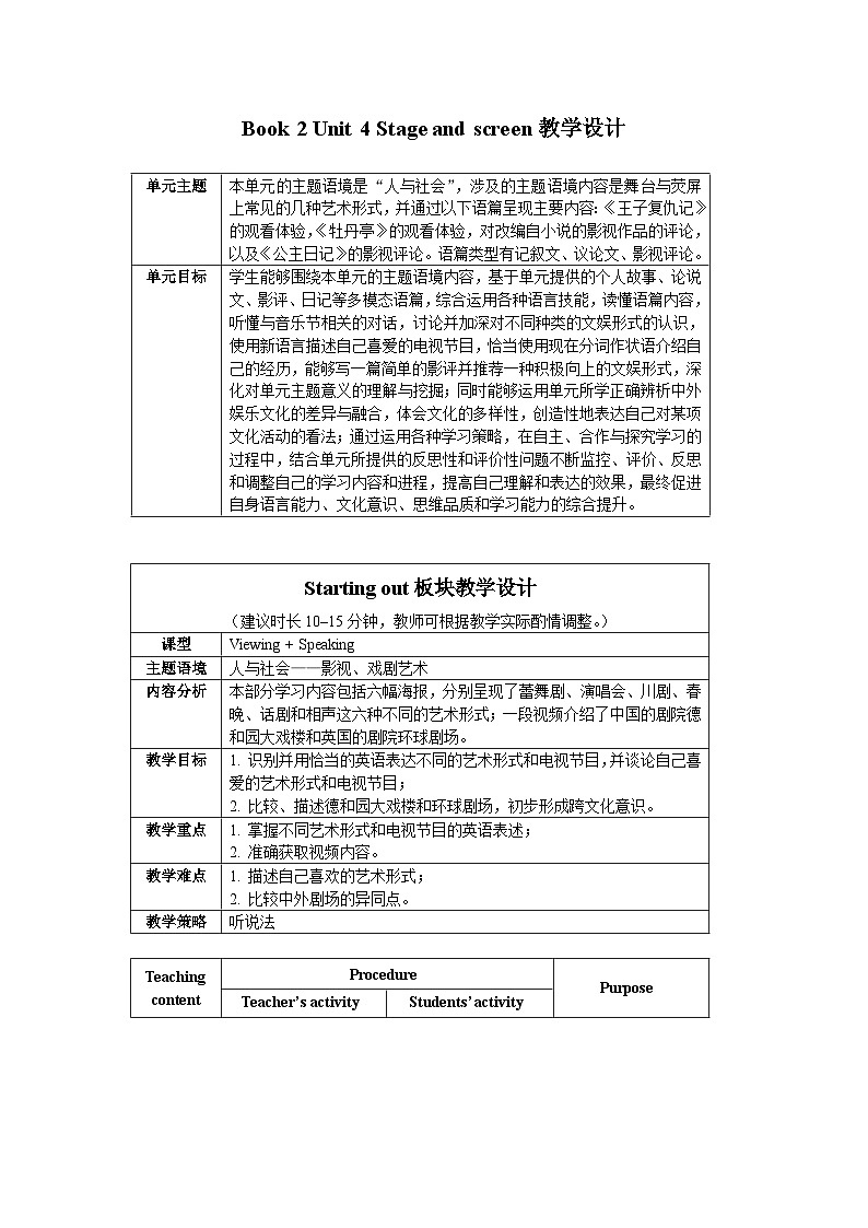 《英语》(新标准)高中修订版必修第二册Book 2 Unit 4 Stage and screen教学设计第1页