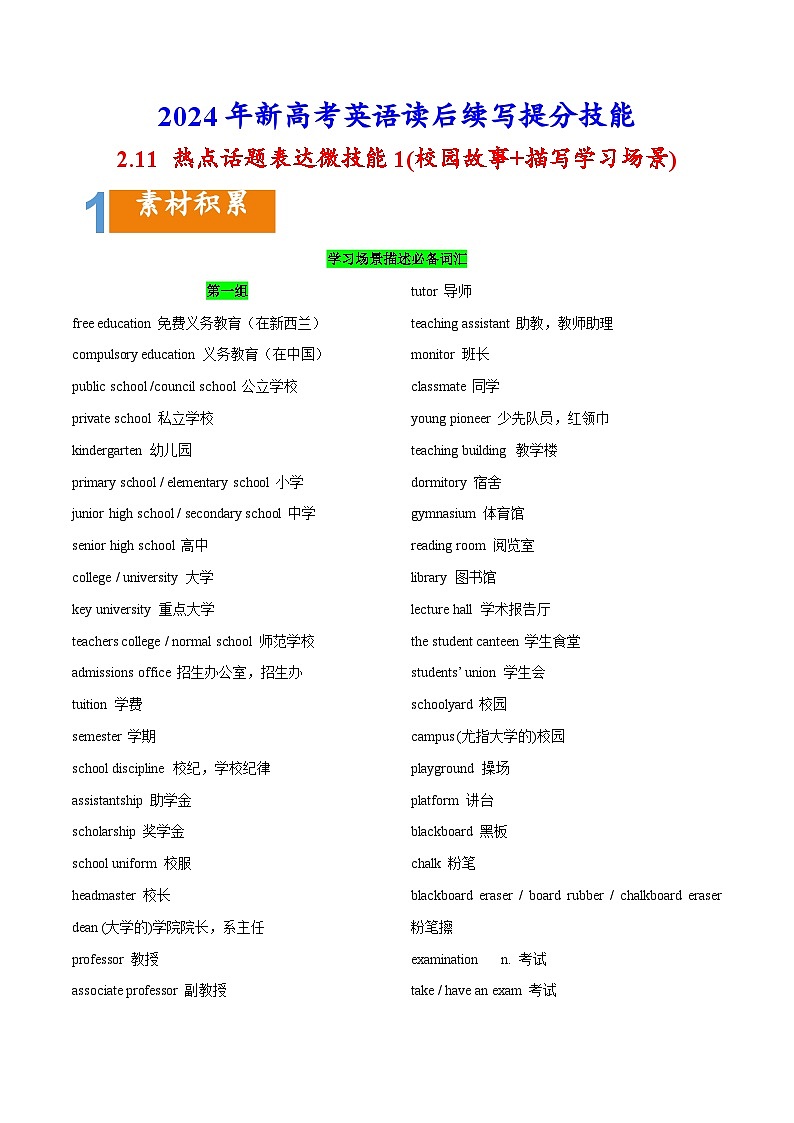 课件2.11 热点话题表达微技能1(校园故事+描写学习场景)-2024年新高考英语读后续写提分技能第1页