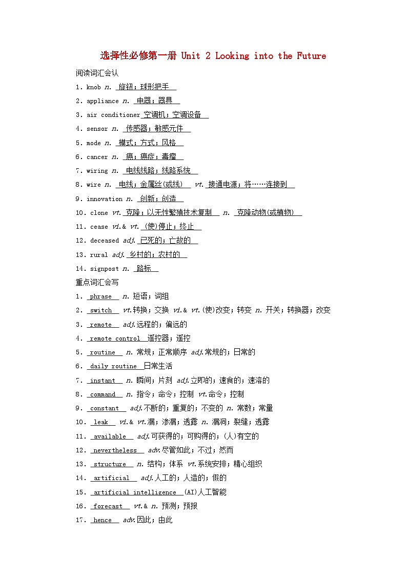 2025版高考英语一轮总复习重点单词练习选择性必修第一册Unit2LookingintotheFuture01
