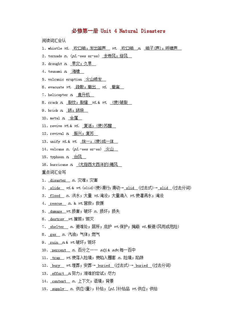 2025版高考英语一轮总复习重点单词练习必修第一册Unit4NaturalDisasters01