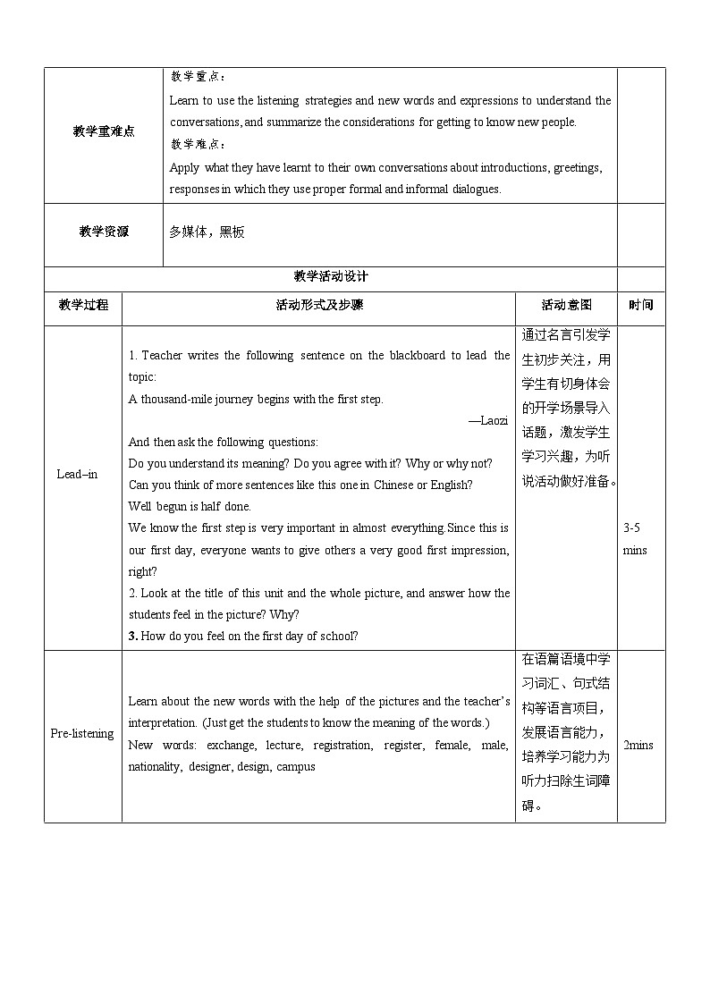 人教版2019高中英语必修一 Welcome Unit Listening and speaking 课件+教案02