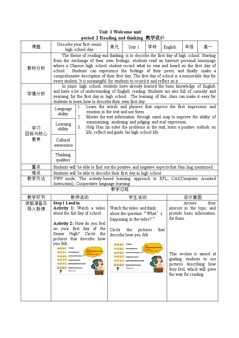 人教版2019高中英语必修一 Welcome Unit Reading and Thinking 课件+教案01