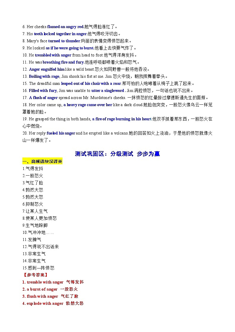 20 读后续写语料积累之如何表达愤怒背诵与测试(词-句-文)讲义-2024年高考英语读后续写高分宝典 教师版第2页