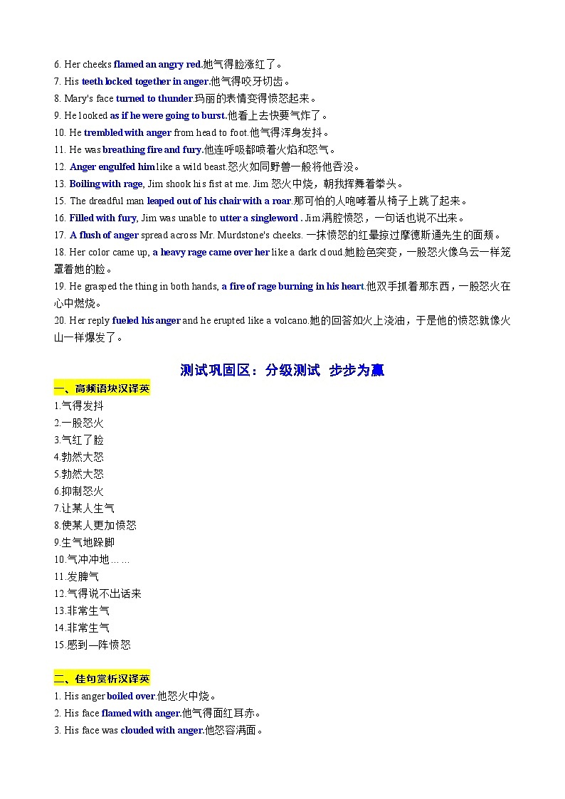 20 读后续写语料积累之如何表达愤怒背诵与测试(词-句-文)讲义-2024年高考英语读后续写高分宝典 学生版第2页