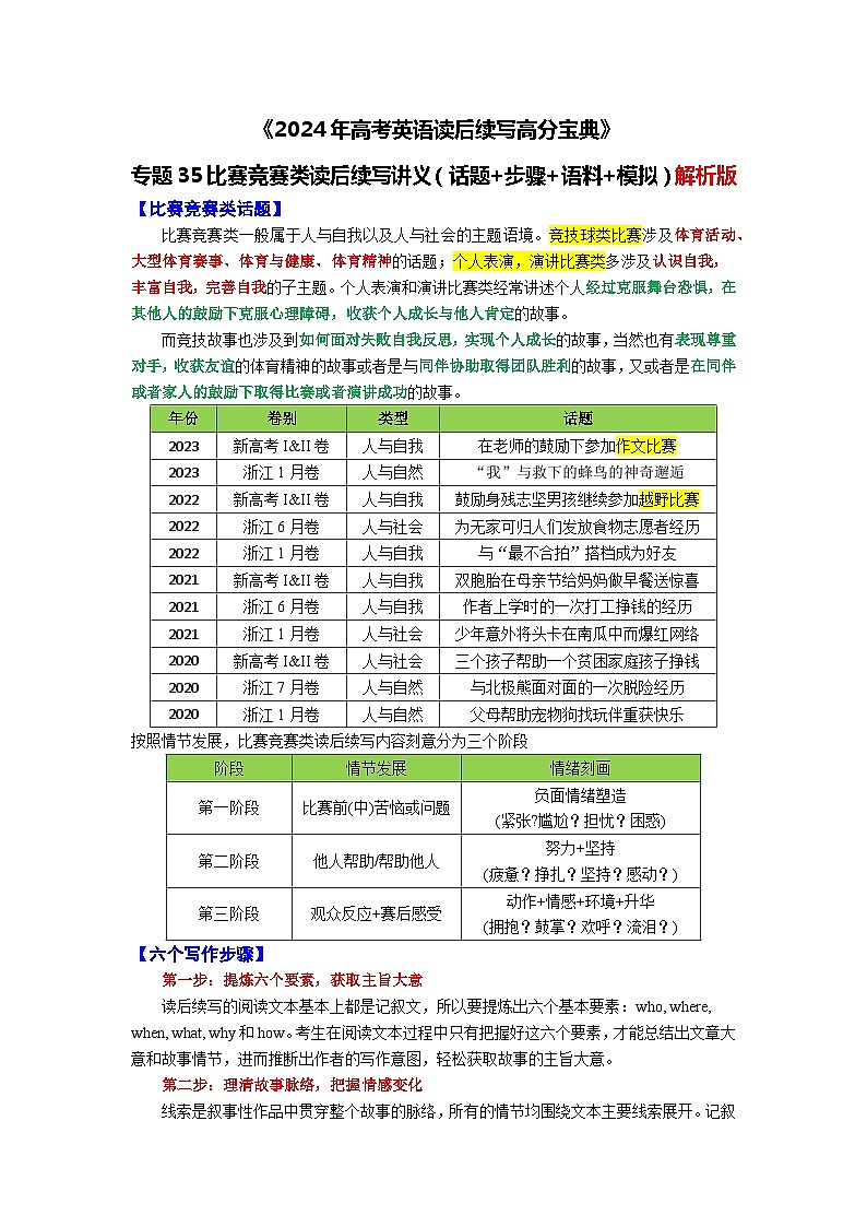35 比赛竞赛类读后续写讲义(话题+步骤+语料+模拟)-2024年高考英语读后续写高分宝典 教师版第1页