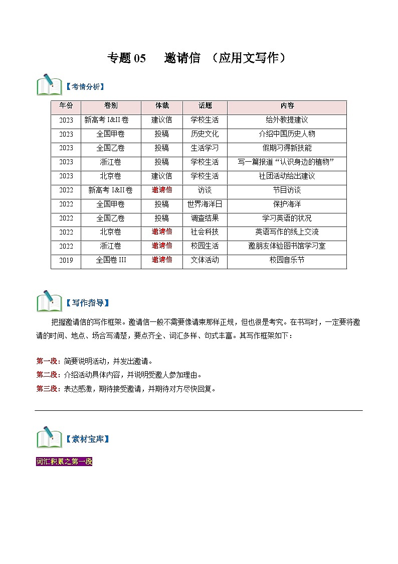 专题05 应用文写作:邀请信 (教师版)-2024新高考英语满分作文读后续写第1页