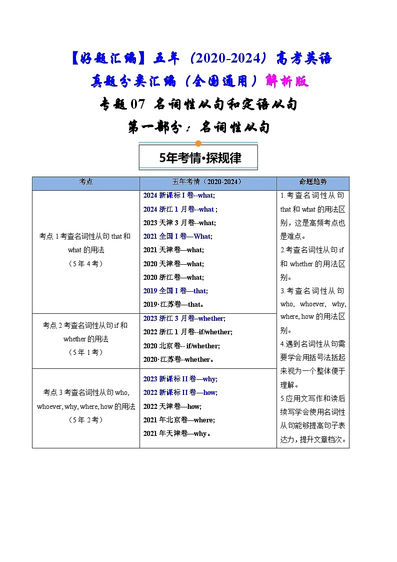专题07 名词性从句和定语从句-五年(2020-2024)高考英语真题分类汇编(全国通用)(原卷版+解析版)01