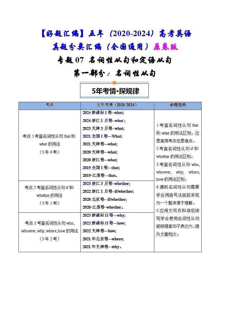 专题07 名词性从句和定语从句-五年(2020-2024)高考英语真题分类汇编(全国通用)(原卷版+解析版)01