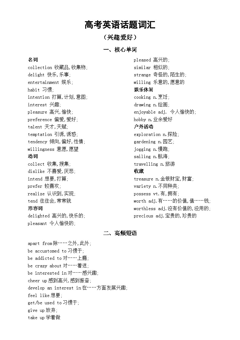 高中英语2025届高考话题词汇分类汇总(兴趣爱好)第1页