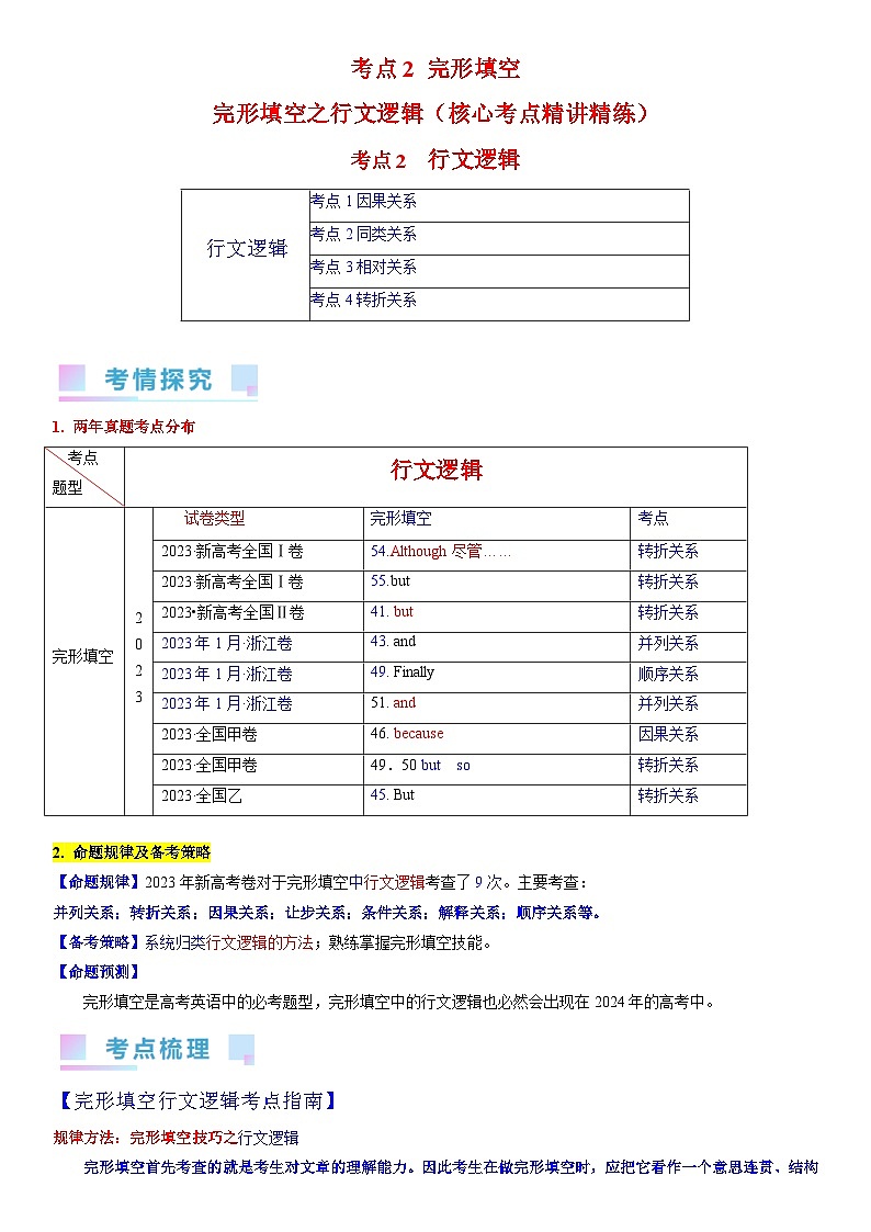 专题2 完形填空之行文逻辑(教师版+学生版)01