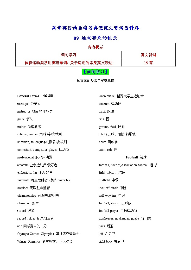 课件主题09_运动带来的快乐-高考英语读后续写典型范文背诵语料库第1页
