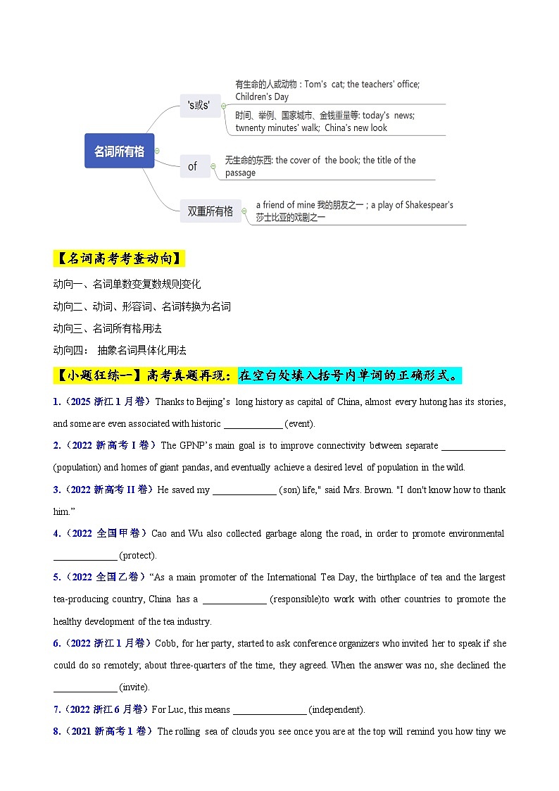 專題01 名詞高頻用法50題 (思維導(dǎo)圖+高考真題+仿真模擬)-2025年高考英語第二輪復(fù)習(xí)小題狂練 (原卷版)第2頁