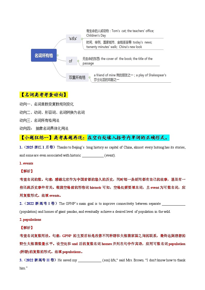 專題01 名詞高頻用法50題 (思維導(dǎo)圖+高考真題+仿真模擬)-2025年高考英語第二輪復(fù)習(xí)小題狂練 (解析版)第2頁