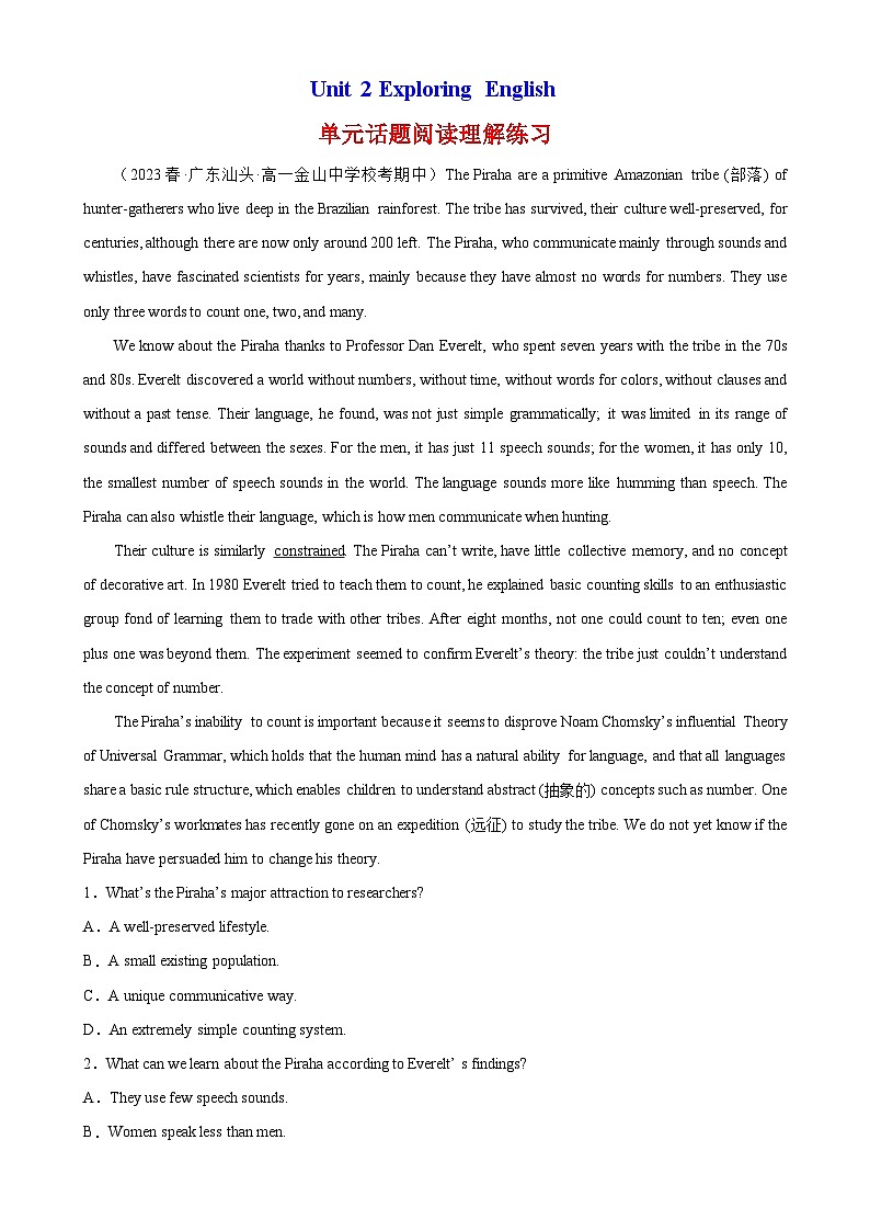 Unit 2 单元话题阅读理解练习-2024-2025学年高一英语必修第一册单元重难点易错题精练(外研版2019)01