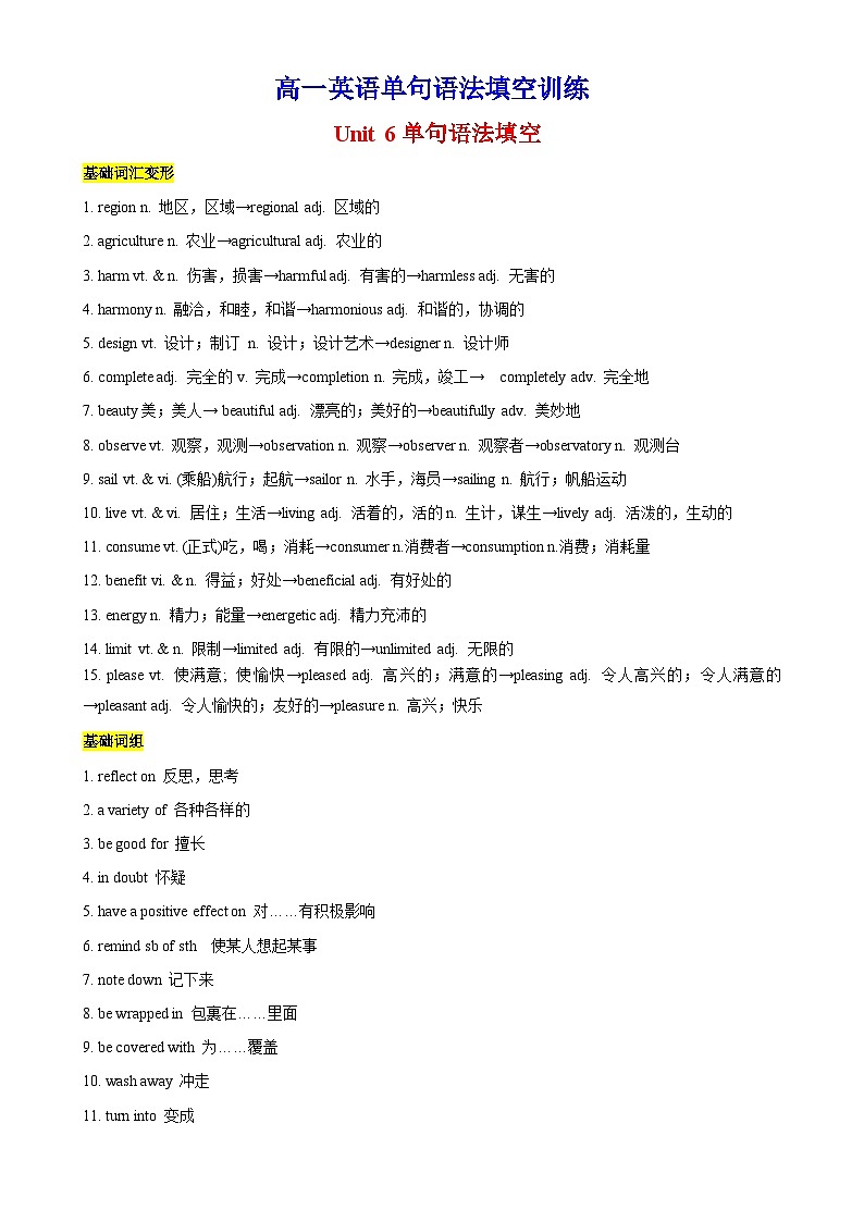 专题09 Unit 6 单句语法填空-2024-2025学年高一英语单句语法填空训练(外研版2019必修第一册)第1页