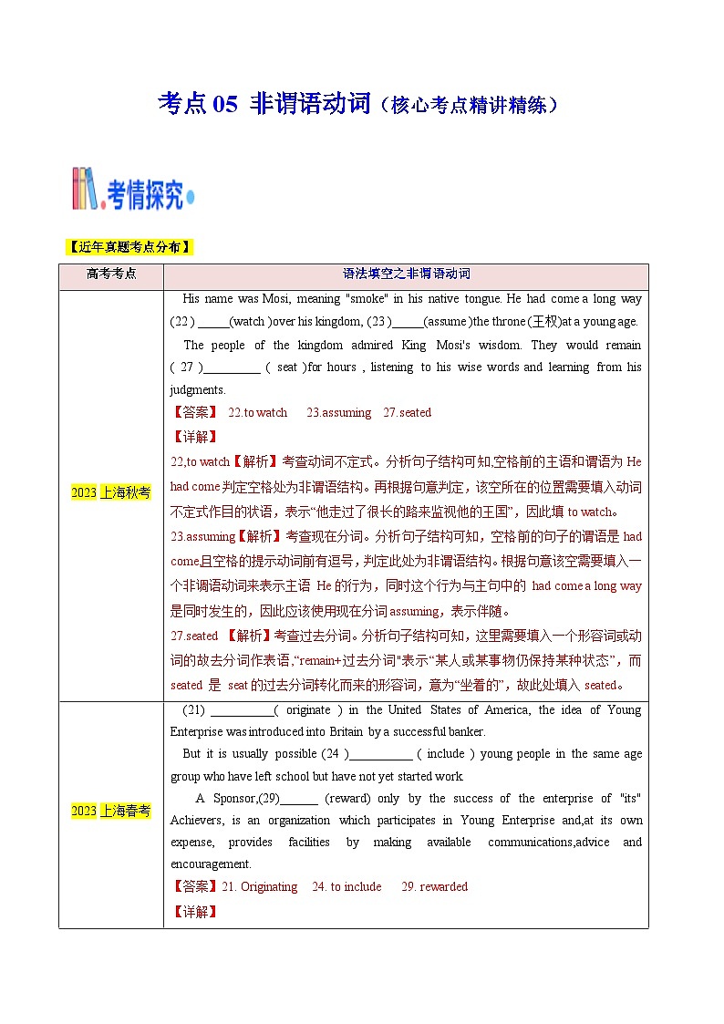 新高考英语一轮复习核心考点精讲精练考点05 语法填空之非谓语动词(含解析)第1页