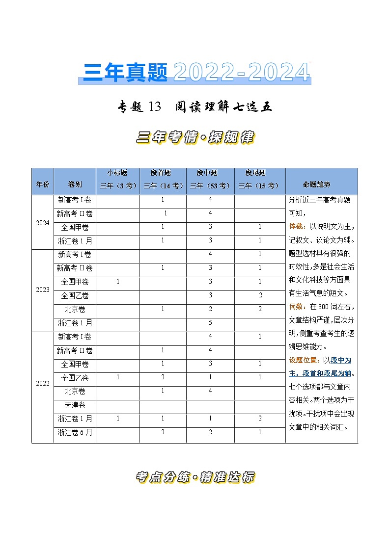 三年(2022-2024)高考英语真题分类汇编(全国通用)专题13 阅读理解七选五(解析版)01