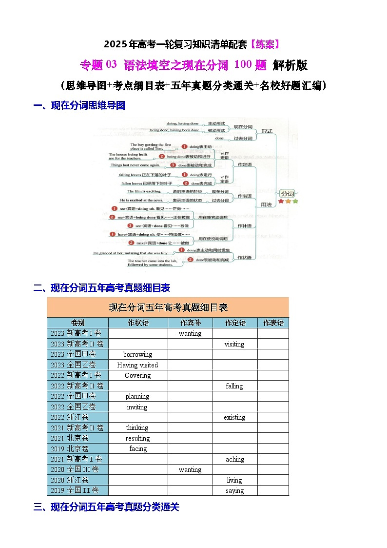 2025年高考英语一轮复习知识清单(全国通用)专题03 语法填空之现在分词100题(练案)解析版第1页