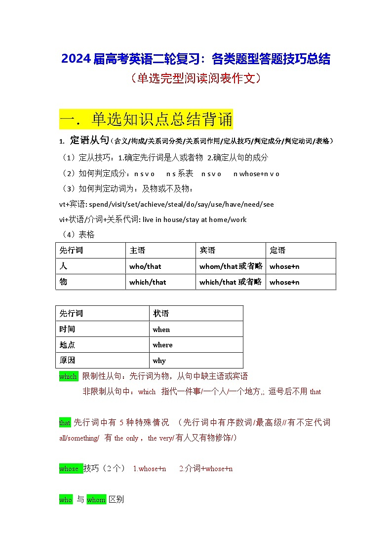 2024届高考英语二轮复习:各类题型答题技巧总结第1页