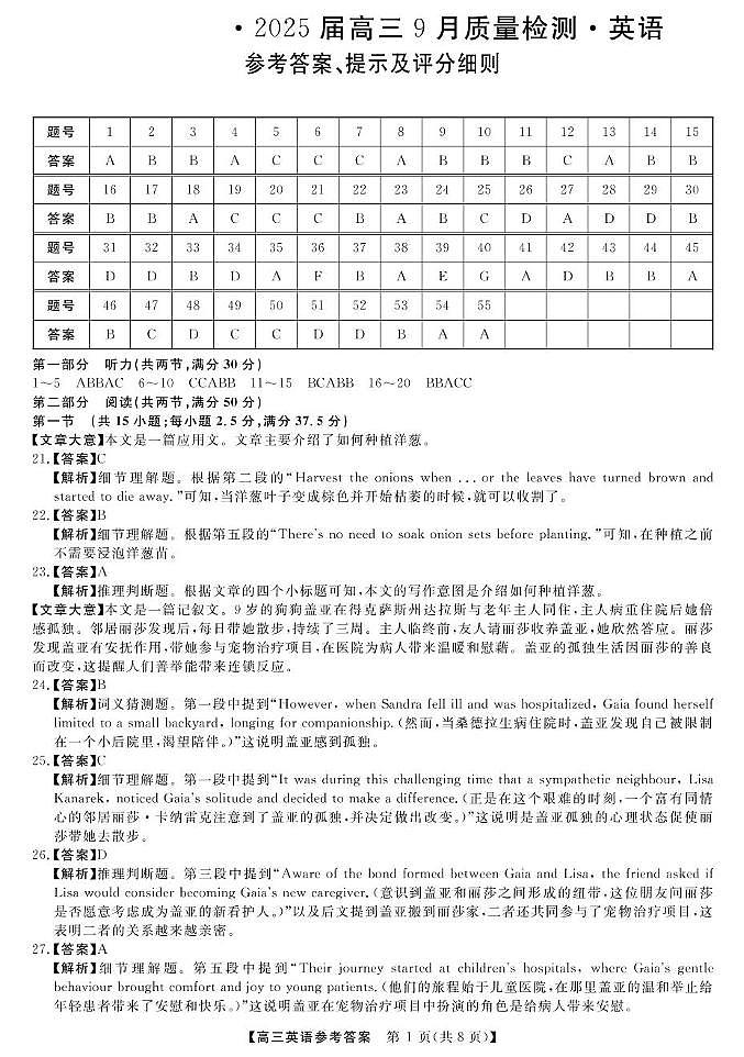 金科大联考·2025届高三9月质量检测 英语答案第1页