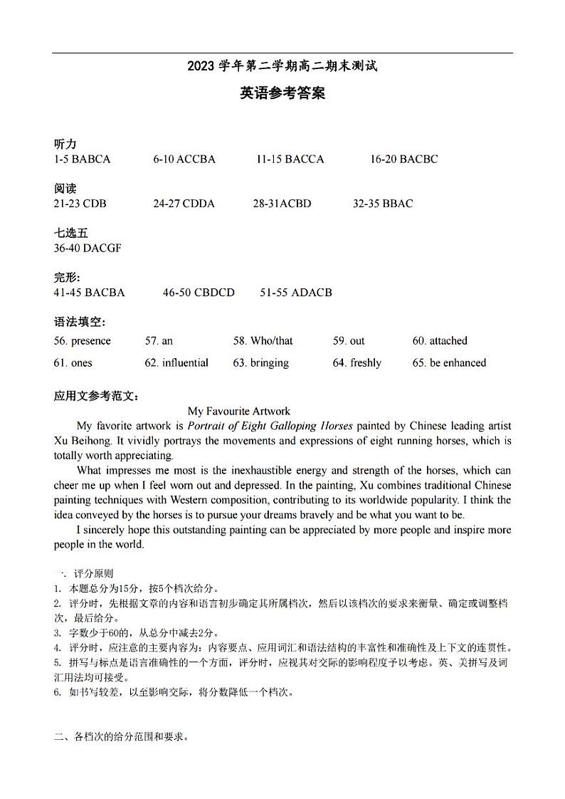 宁波慈溪市2023-2024学年高二第二学期期末测试+英语试卷答案第1页