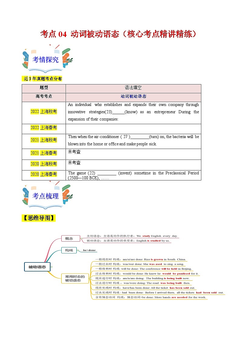 04 动词被动语态(核心考点精讲精练)2025年高考英语一轮复习考点帮(上海专用)(学生版无答案)01