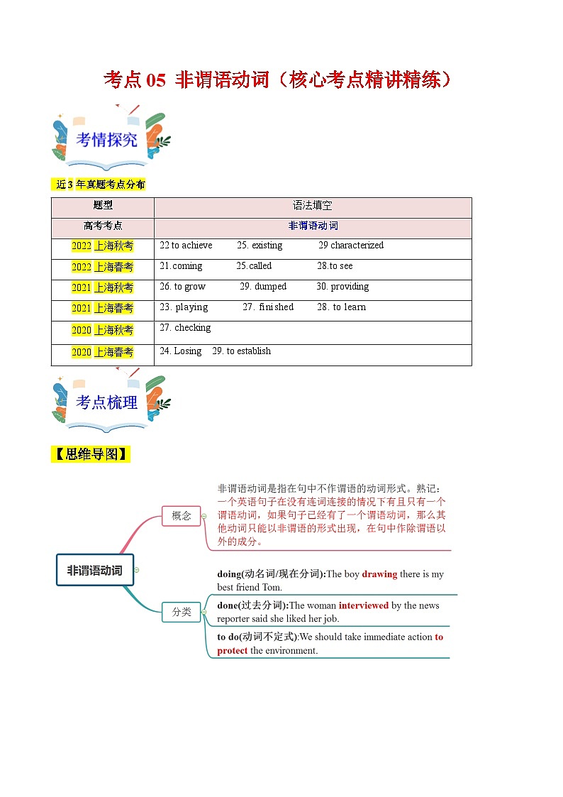 05 非谓语动词(核心考点精讲精练)2025年高考英语一轮复习(上海专用)(学生版无答案)01