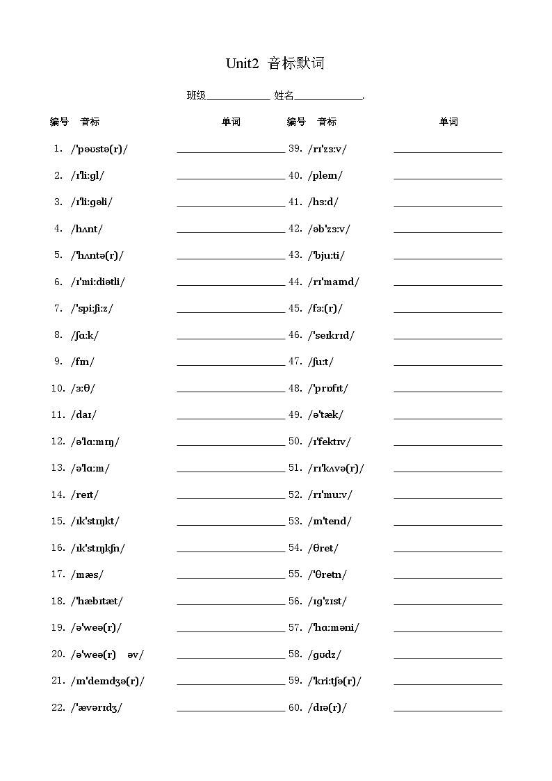 人教版必修第二册Unit2_音标默词 练习第1页