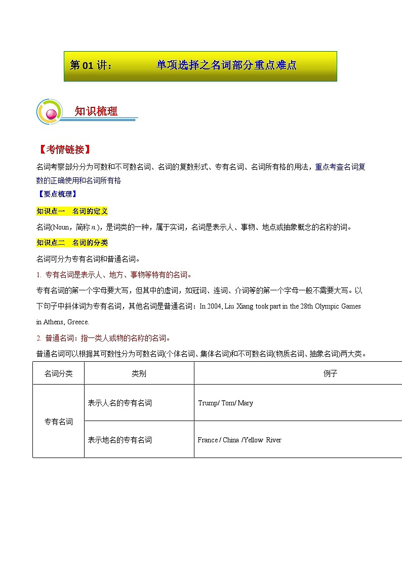 第01讲:单项选择之名词部分重点难点 - 【决胜春考】2025 春季高考英语冲刺总复习(重庆专用)(原题版)第1页