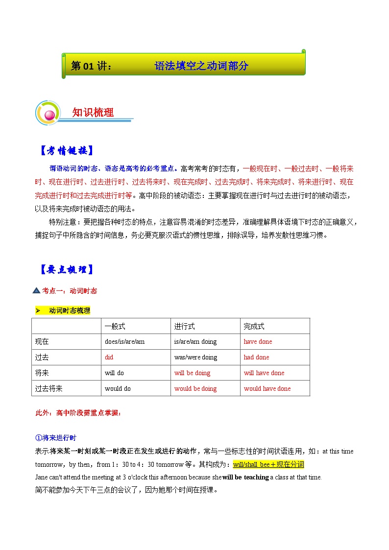 第01讲：语法填空之动词部分核心考点-2025年春季高考英语冲刺总复习（上海专用）