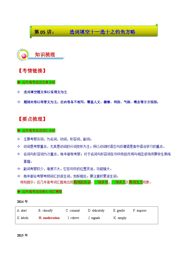 第05讲：选词填空十一选十之钓鱼方略-2025年春季高考英语冲刺总复习（上海专用）