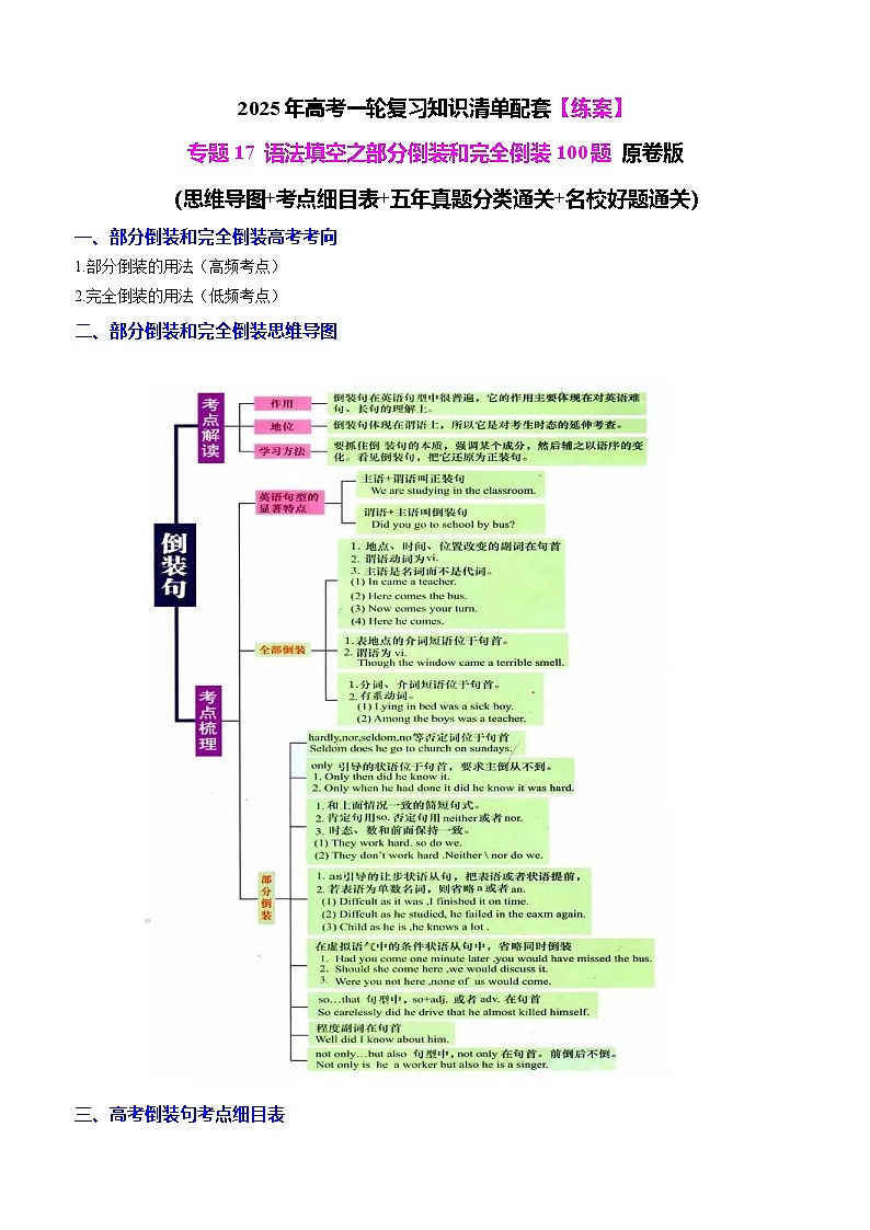 专题17 语法填空之部分倒装和完全倒装100题(练案)-2025年高考英语一轮复习(全国通用)原卷版第1页