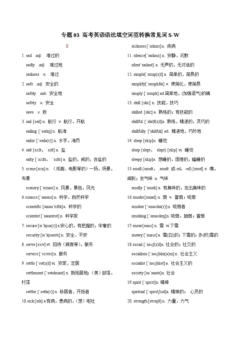 專題03 2025高考英語(yǔ)語(yǔ)法填空詞形轉(zhuǎn)換常見詞S-W（背誦版）第1頁(yè)